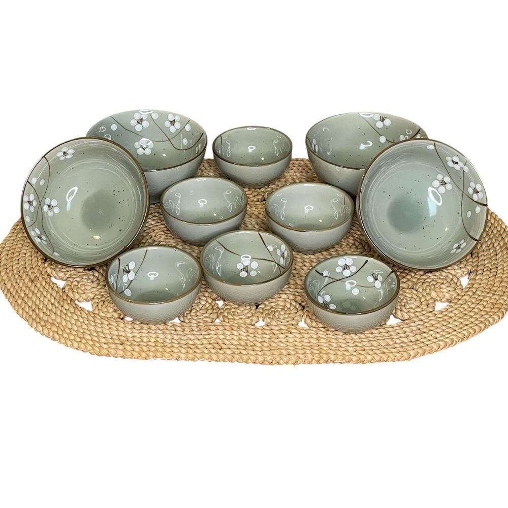 World Market Elegant Floral Soup and Dipping Sauce Bowls Set Celadon Green White